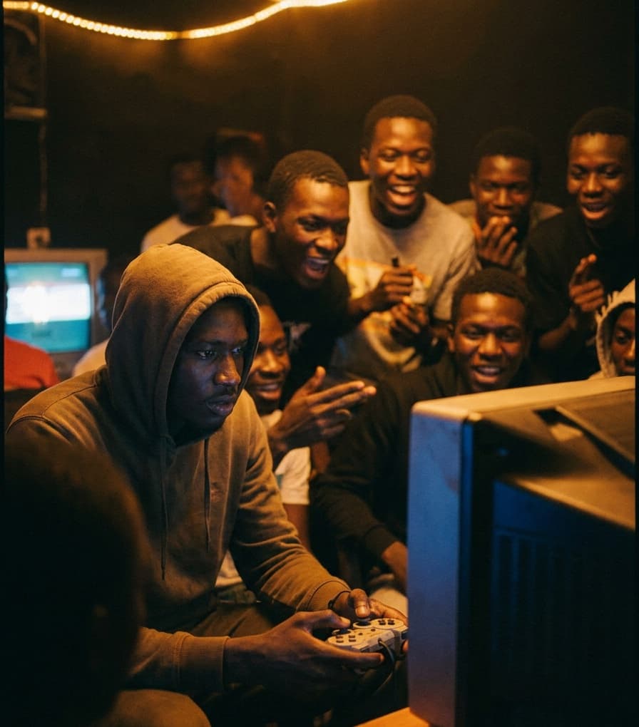 Des joueurs réunis autour d'une manette lors d'un tournoi